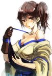  1girl armor breasts brown_eyes brown_hair gloves japanese_clothes kaga_(kantai_collection) kantai_collection kusanagi_kikoku large_breasts looking_at_viewer muneate off_shoulder side_ponytail solo undressing 