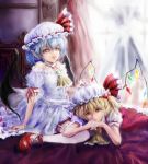  2girls arm_ribbon ascot bare_shoulders bat_wings blonde_hair blue_hair brooch choker curtains expressionless eyelashes flandre_scarlet garter_straps hand_on_another&#039;s_head hat hat_ribbon head_rest jewelry legs_up lips looking_at_viewer lying_on_person mob_cap multiple_girls on_bed pointy_ears puffy_short_sleeves puffy_sleeves red_eyes remilia_scarlet ribbon ribbon_choker short_hair short_sleeves siblings sisters sitting skirt skirt_set slit_pupils thigh-highs touhou txoxsxhxi wariza window wings 