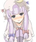  1girl :o blush bow capelet crescent_hair_ornament flying_sweatdrops hair_bow hair_ornament hair_ribbon hat hat_ribbon head_tilt leaning_forward long_hair looking_at_viewer masupa_kiriu mob_cap patchouli_knowledge portrait purple_hair ribbon simple_background solo touhou tress_ribbon violet_eyes white_background 