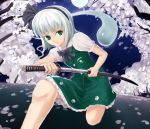  1girl cherry_blossoms green_eyes hair_ribbon hairband katana konpaku_youmu konpaku_youmu_(ghost) one_knee pazuzu438 ribbon sheath short_hair silver_hair skirt solo sword touhou weapon 