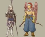  1boy 1girl armor arrow bandages boots bow_(weapon) braid breastplate canopus_wolph gloves gradient gradient_background long_hair norinori_(mayfair-green) pauldrons polearm ravness_loxaerion red_eyes redhead sandals silver_hair tactics_ogre thigh-highs thigh_boots topless twin_braids violet_eyes weapon wings zettai_ryouiki 