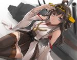  1girl ahoge arm_up bare_shoulders blush boots brown_hair cup detached_sleeves double_bun hair_ornament hairband japanese_clothes kantai_collection kongou_(kantai_collection) long_hair looking_down personification skirt smile spilling tea tea_(nakenashi) teacup thigh-highs thigh_boots 