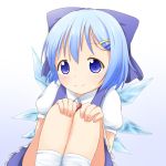  1girl blue_dress blue_eyes blue_hair bow cirno dress gradient gradient_background hair_bow hair_ornament hairclip hands_on_knees highres ice ice_wings looking_at_viewer makuran puffy_sleeves shirt short_sleeves sitting smile solo touhou wings 