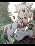  1girl animal_ears bare_shoulders blush detached_sleeves hat inubashiri_momiji looking_at_viewer pom_pom_(clothes) red_eyes shirt short_hair silver_hair skirt solo sword tail takashiru tokin_hat touhou weapon wolf_ears wolf_tail 