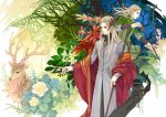  2boys arrow artist_name blonde_hair bow_(weapon) braid crowns deer elf father_and_son forest half_updo kaga legolas long_hair lord_of_the_rings multiple_boys nature pointy_ears staff the_hobbit thranduil weapon 