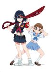  2girls absurdres black_hair blue_eyes brown_eyes brown_hair double_v graphite_(medium) highres kill_la_kill loafers mankanshoku_mako matoi_ryuuko midriff multiple_girls navel over_shoulder school_uniform scissor_blade senketsu serafuku shiuyuchi shoes short_hair single_glove skirt smile sneakers suspenders traditional_media v v_over_eye weapon weapon_over_shoulder white_background 