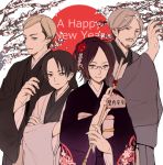  1girl 3boys arrow english erwin_smith facial_hair glasses hair_ornament hamaya hange_zoe happy_new_year japanese_clothes kimono levi_(shingeki_no_kyojin) mike_zakarius multiple_boys new_year revision shingeki_no_kyojin simple_background text toshimasa_(serialism) translated 