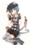  1girl alternate_costume animal_ears belt cabbie_hat casual cat cat_ears cat_tail fang gloves hat kemonomimi_mode mahou_shoujo_madoka_magica miki_sayaka paw_pose paw_shoes shorts simple_background solo tail thigh-highs white_background yoplait zettai_ryouiki 