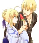  1boy 1girl ahoge blonde_hair closed_eyes fate/stay_night fate_(series) food fruit gilgamesh green_eyes ha84no hair_ribbon height_difference japanese_clothes kimono open_mouth ribbon saber short_hair smile watermelon wrist_grab 