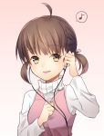  0_5zero 1girl absurdres ahoge blush brown_eyes brown_hair child doujima_nanako earphones earphones hair_ribbon highres musical_note open_mouth persona persona_4 ribbon short_hair smile solo turtleneck twintails 