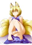  1girl animal_ears bare_legs barefoot blonde_hair breasts feet fox_ears fox_tail highres kitsunetsu_(rcu_be1s) large_breasts light_smile looking_at_viewer multiple_tails naked_tabard no_hat pov_feet short_hair sideboob simple_background sitting soles solo tabard tail toenails touhou white_background yakumo_ran yellow_eyes 