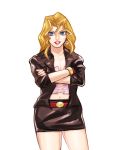  1girl blonde_hair blue_eyes corset crossed_arms jacket jewelry kujaku_mai lipstick makeup miniskirt red_lipstick satou_saccharin single_earring skirt solo white_background yuu-gi-ou yuu-gi-ou_duel_monsters 