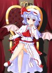  adapted_costume ascot bat_wings blue_hair blush bow capelet crossed_legs curtains dress gem hand_on_own_cheek hat hat_ribbon highres jewelry legs long_sleeves looking_at_viewer nandemo118 red_bow red_eyes red_ribbon remilia_scarlet ribbon shoes short_hair sitting smile throne touhou white_dress wings 