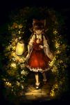  1girl ankle_socks ascot bow brown_hair detached_sleeves forest from_above hair_bow hair_tubes hakurei_reimu lantern light long_hair looking_at_viewer mary_janes nature night nosaki path payot red_eyes road shoes skirt skirt_set solo touhou 