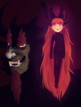  1boy 1girl aku askura beard black_background black_legwear blossom_(ppg) cartoon_network dark dark_persona evil evil_grin evil_smile facial_hair fangs glowing glowing_eyes green_skin grin highres horns monster powerpuff_girls red_eyes redhead samurai_jack smile teeth 