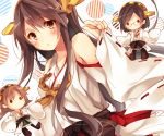  3girls bare_shoulders black_hair brown_eyes brown_hair chibi detached_sleeves glasses hairband haruna_(kantai_collection) hiei_(kantai_collection) japanese_clothes kantai_collection kirishima_(kantai_collection) long_hair looking_at_viewer multiple_girls personification thigh-highs toosaka_asagi white_background 