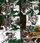  1girl absurdres alien armor battle bow claw_(weapon) crossover dress fishnets green_eyes hair_bow hair_ribbon hairlocs helmet highres jewelry katana konpaku_youmu konpaku_youmu_(ghost) mask nameo_(judgemasterkou) necklace open_mouth predator predator_(film) puffy_sleeves reflection ribbon short_hair short_puffy_sleeves silver_hair sword touhou weapon wrist_blades 