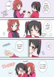  2girls black_hair blush love_live!_school_idol_project maka_(hyougenbu) multiple_girls nishikino_maki red_eyes redhead ribbon translated twintails yazawa_nico yuri 