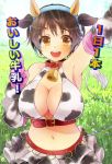 1girl 81_(mellowry) animal_ears bell bell_collar blush breasts brown_eyes brown_hair collar cow_bell cow_ears cow_horns cow_print elbow_gloves gloves headset horns idolmaster idolmaster_cinderella_girls large_breasts midriff navel oikawa_shizuku open_mouth short_hair solo 