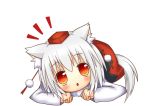  1girl animal_ears bare_shoulders blush detached_sleeves hat hestia_(neko_itachi) inubashiri_momiji looking_at_viewer open_mouth orange_eyes pom_pom_(clothes) shirt short_hair silver_hair solo tagme tail tokin_hat touhou wolf_ears wolf_tail 