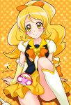  1girl bee blonde_hair blush boots bow bowtie brooch character_name cure_honey earrings hair_bow happinesscharge_precure! heart heart_background jewel_(the_black_canvas) jewelry knee_boots long_hair magical_girl oomori_yuuko orange_background orange_skirt precure sitting skirt smile solo wrist_cuffs yellow_eyes 