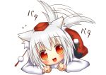  1girl animal_ears bare_shoulders blush detached_sleeves happy hat hestia_(neko_itachi) inubashiri_momiji looking_at_viewer open_mouth orange_eyes pom_pom_(clothes) shirt short_hair silver_hair skirt smile solo tail tail_wagging tokin_hat touhou wolf_ears wolf_tail 