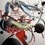  1girl aqua_eyes aqua_hair electric_guitar flower guitar hair_flower hair_ornament hatsune_miku headphones instrument jikei left-handed long_hair nisoku_hokou_(vocaloid) open_mouth project_diva project_diva_f_2nd red_legwear skirt solo thigh-highs twintails very_long_hair vocaloid 