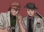  2boys alto_clef assa blonde_hair blue_eyes brown_hair camera cigarette facial_hair glasses green_eyes gun hat heterochromia kondraki labcoat looking_at_another male multiple_boys necktie parted_lips red_background scp_foundation shotgun weapon 
