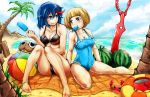  2girls ball beach beachball bikini crab dog food fruit guts_(kill_la_kill) innertube kill_la_kill mankanshoku_mako matoi_ryuuko multiple_girls ni_zhenghe one-piece_swimsuit palm_tree popsicle scissor_blade senketsu short_hair sitting smile swimsuit tree watermelon 