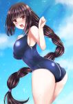  1girl ass black_hair blush braid breasts brown_eyes hime_cut itsumoto_hiroharu large_breasts long_hair one-piece_swimsuit open_mouth original single_braid solo swimsuit 