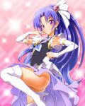  1girl blue_hair blush boots cure_fortune happinesscharge_precure! heart highres hikawa_iona long_hair looking_at_viewer magical_girl ponytail precure smile solo thigh-highs thigh_boots violet_eyes white_legwear yuto_(dialique) 