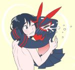  1girl blush claptrack crying hug kill_la_kill living_clothes matoi_ryuuko senketsu short_hair tears topless wince 