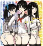  3girls ass black_eyes blush glasses hasesese long_hair looking_at_viewer looking_back multiple_girls no_pants original panties school_uniform serafuku short_hair solo underwear 