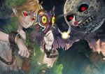  black_sclera blood bloody_tears chain chained_wrists fairy hood kawacy link majora&#039;s_mask mask moon night night_sky outdoors pointy_ears red_eyes ruins shackles sitting sky smirk star_(sky) starry_sky tatl the_legend_of_zelda torn_clothes tunic 