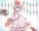  1girl bat_wings boots dress fang hand_on_hand hand_on_knee hat hat_ribbon karuga_(magusfly24) knees_together_feet_apart lavender_hair long_dress looking_at_viewer pink_dress red_eyes remilia_scarlet ribbon short_hair sitting smile solo touhou wings 
