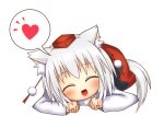  1girl animal_ears bare_shoulders blush closed_eyes detached_sleeves happy hat heart hestia_(neko_itachi) inubashiri_momiji looking_at_viewer open_mouth pom_pom_(clothes) shirt short_hair silver_hair skirt smile solo spoken_heart tail tokin_hat touhou wolf_ears wolf_tail 