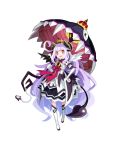  1girl boots bow crown dress elbow_gloves gloves hand_on_hip harada_takehito horns knee_boots long_hair makaijin_trillion mini_crown official_art purple_hair red_eyes ribbon ruche smile solo standing tail umbrella white_background 