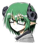  broken_horn chankodining_waka glasses green_eyes green_hair horns looking_at_viewer pointy_ears short_hair simple_background solo white_background 