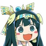  &gt;:3 &gt;:d 1girl :3 :d @ichigo blue_eyes blue_hair blush_stickers chibi egyptian fangs gyate_gyate headdress isis_(p&amp;d) long_hair open_mouth puzzle_&amp;_dragons simple_background smile solo white_background 