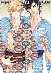  2boys black_hair blonde_hair caesar_anthonio_zeppeli green_eyes idachi japanese_clothes jojo_no_kimyou_na_bouken joseph_joestar_(young) kimono multiple_boys pinwheel wink 