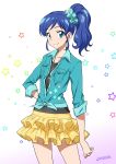  1girl aikatsu! blue_eyes blue_hair blush casual hair_ribbon joy_ride kiriya_aoi long_hair long_sleeves looking_at_viewer ribbon side_ponytail skirt smile solo 