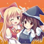  2girls :o blonde_hair blush bow braid brown_eyes brown_hair cosplay costume_switch detached_sleeves hair_bow hair_tubes hakurei_reimu hakurei_reimu_(cosplay) hat kirisame_marisa kirisame_marisa_(cosplay) long_hair looking_at_viewer multiple_girls open_mouth orange_background single_braid star starry_background swami touhou v wink witch_hat 