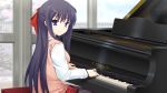  1girl black_hair blue_eyes bow game_cg hair_bow hair_ornament hairclip highres indoors instrument light_smile long_hair long_sleeves looking_at_viewer mutou_kurihito official_art piano playing_instrument shunki_gentei_poco_a_poco sitting solo vest yuuki_natsumi 