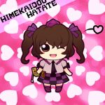  1girl blush brown_hair brush cellphone character_name chibi hat heart himekaidou_hatate long_hair open_mouth phone pink_background pouch ribbon smile soramame1110 tokin_hat touhou twintails wink yellow_eyes 
