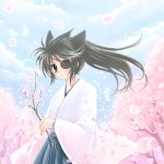  brown_eyes brown_hair cloud clouds eyepatch fujii_chifumi japanese_clothes leaf long_hair miko original ponytail sky solo 