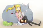  bad_id blonde_hair blue_eyes digital_media_player feet fullmetal_alchemist ipod magazine ponytail riru shorts sweater thigh-highs thighhighs winry_rockbell zettai_ryouiki 