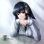  blue_eyes cup hands headphones highres prime solo sweater tea teacup 