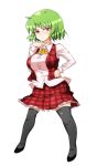 bad_proportions breasts comcom green_hair hand_on_hip hand_on_own_chest kazami_yuuka large_breasts plaid plaid_skirt plaid_vest red_eyes short_hair simple_background skirt skirt_set solo thighhighs touhou white_background