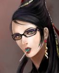  1girl bayonetta bayonetta_(character) black_hair blue_eyes close_up earrings eyeshadow glasses hair_bun lipstick lollipop long_hair mole mu_(pixiv791007) solo 