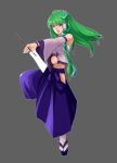  detached_sleeves feifaye fighting_stance frog green_hair hair_ornament highres japanese_clothes kochiya_sanae long_hair miko simple_background snake solo touhou 